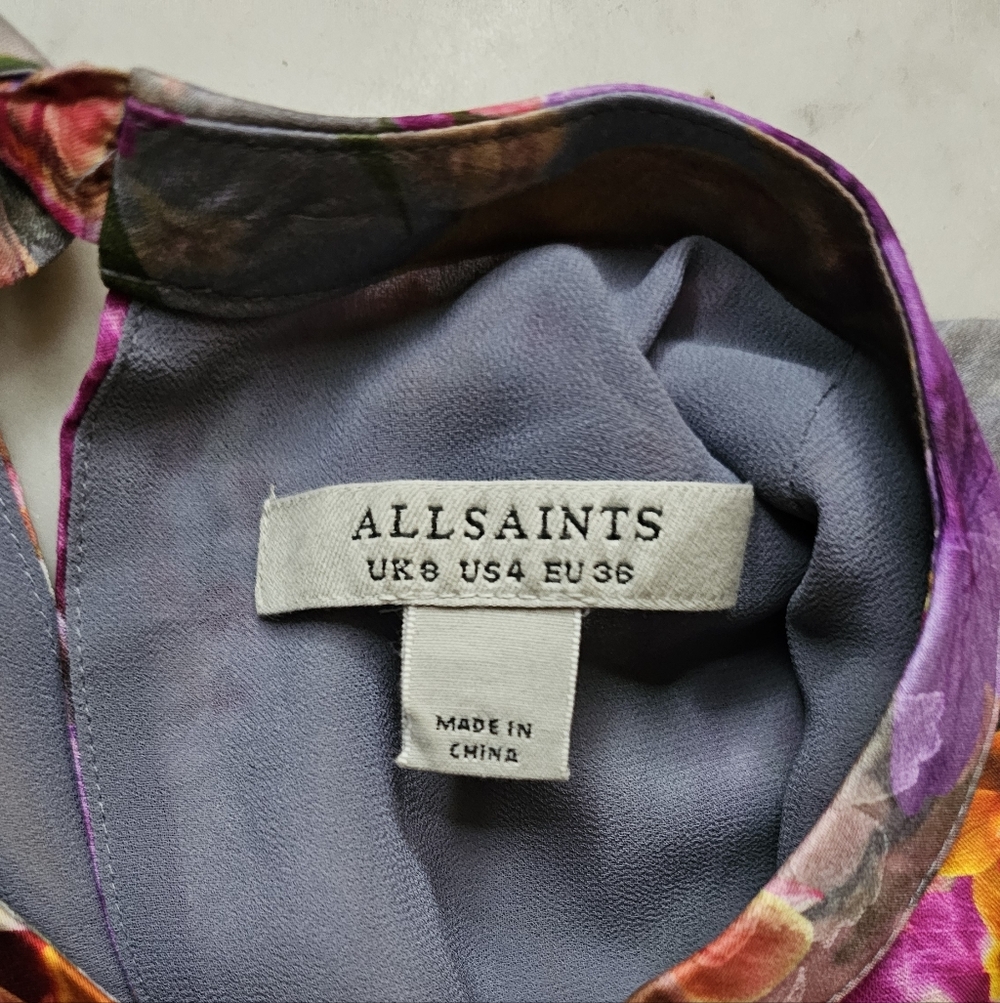 All Saints Jemille Lucia Silk Blend Lined Mini Dress Flutter Sleeves Grey Floral - Picture 11 of 16